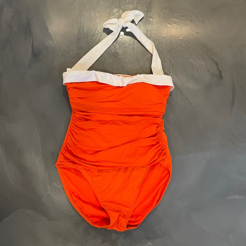 Lauren Ralph Lauren Orange White Ruched Halter One Piece Swimsuit Sz 8 Slimming